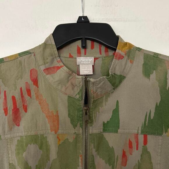 CHICO’S ZENERGY NWT Ikat Print Olive Green & Khaki Utility Jacket Size 3 (16-18) - Picture 8 of 15